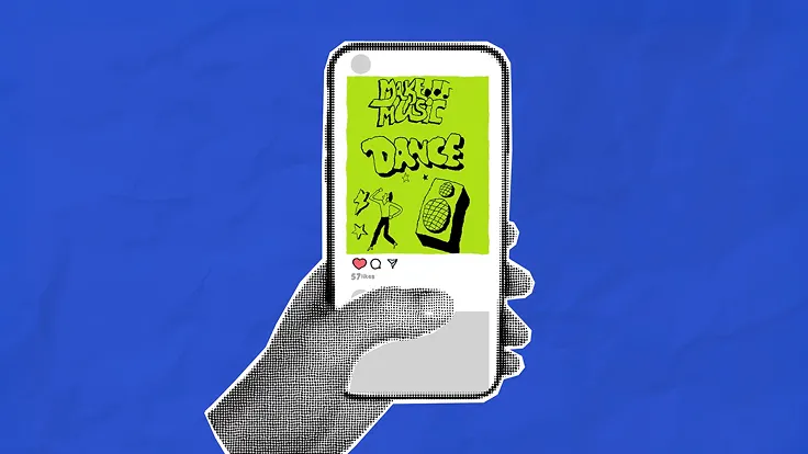 An image of hand holding a phone with a social media app open with an image of someone dancing next to a speaker and text that reads: "Make Music. Dance."