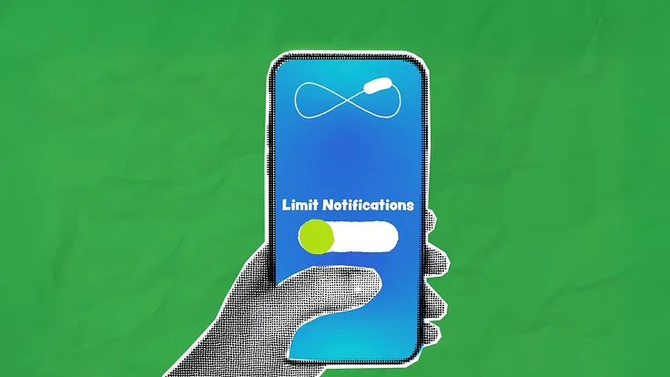 A hand holding a phone with a blue screen and an infinity symbol with a button slider that says, "Limit Notifications"