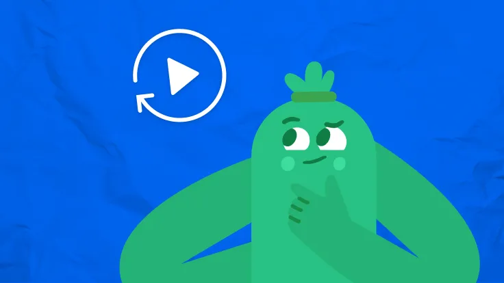 A blue background with an autoplay icon and a green, animated character (Arms) scratching chin in wonder.