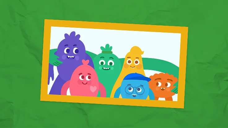 A green background with a picture frame of six animated characters of various colors named Legs, Heart, Arms, Guts, Head, and Feet.