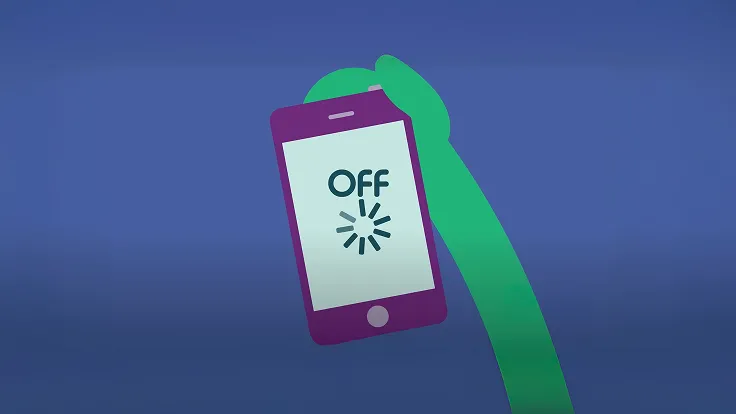A blue background with a green, animated arm extended with a phone in hand with a loading icon and text that reads, "Off."