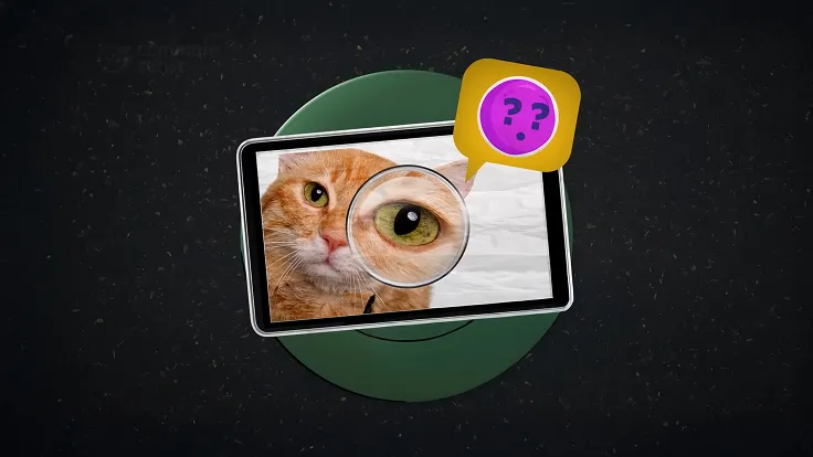 A tablet contains an image of a cat with a magnifying glass with a thought bubble with question marks.