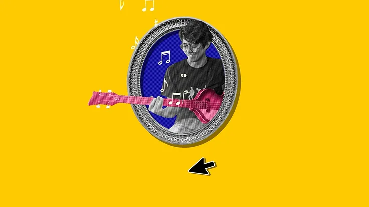 A picture frame with a person playing a pink guitar with musical notes and a mouse cursor hovering over a yellow background.