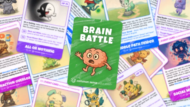 A green playing card with a brain and text that reads "Brain Battle" is hovering above a mess of other cards blurred in the background.