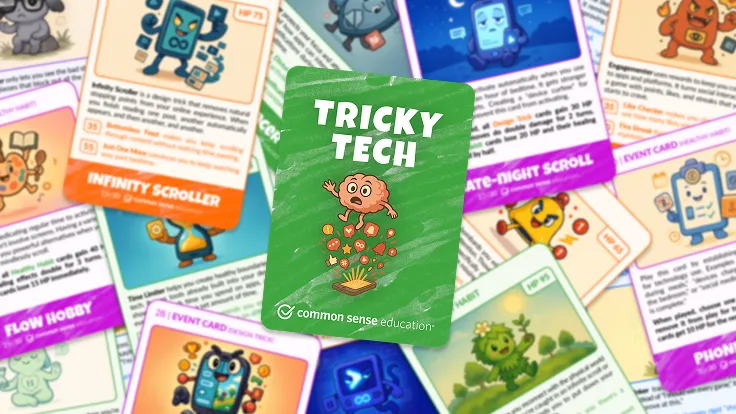 A green playing card with a brain and text that reads "Tricky Tech" is hovering above a mess of other cards blurred in the background.