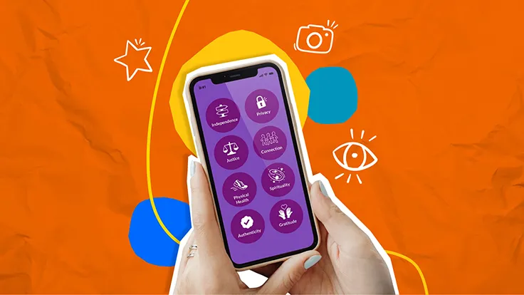 young person holding phone with icons on it