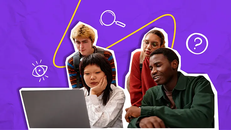 a group of teens gathers around a computer