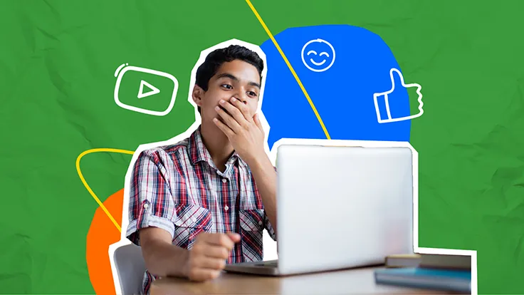 Boy looking at laptop with an astonished and concerned expression