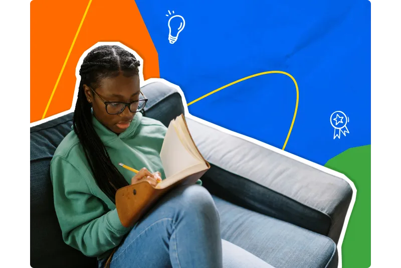 9-12 digital literacy, high school girl wearing glasses, sitting on a couch reading a book while smiling