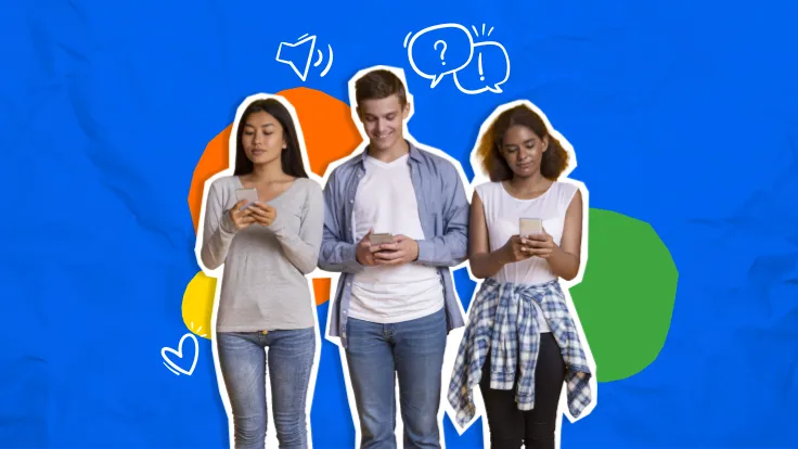 Young teens standing in row using mobile phones
