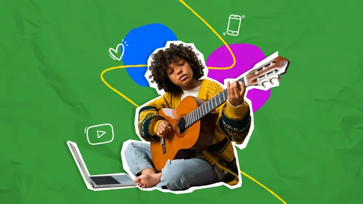 Young woman playing guitar sitting on floor