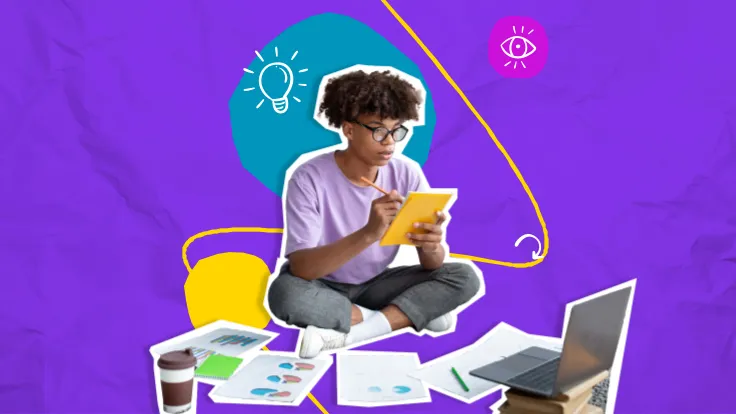 Young person holding a notebook and pencil doing research
