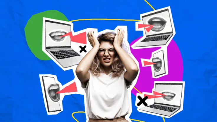 Girl with hands on her head surrounded by talking devices