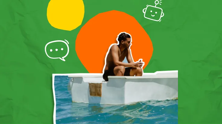 A young man drifting out to sea in a boat