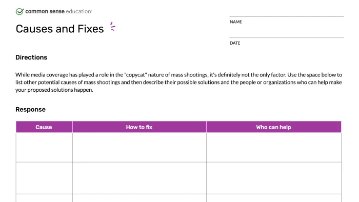 Preview of the Causes and Fixes worksheet