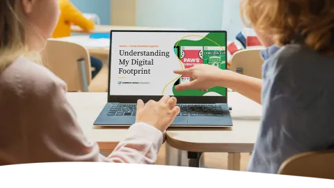 Photo of two students using the Common Sense Digital Literacy curriculum in a classroom.
