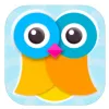 Owl with round blue eyes, yellow body, and pink diamond shaped beak
