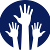 Three raised transparent hands in a circle logo